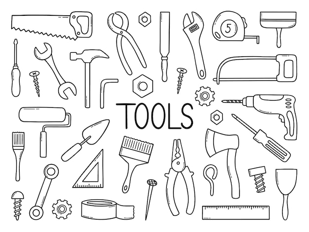 Vetor conjunto desenhado à mão de ferramentas de construção doodle diferentes ferramentas de trabalho e construção no estilo de desenho
