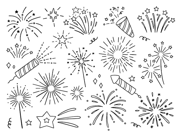 Vetor conjunto desenhado à mão de fogos de artifício doodle firecrackers no estilo de desenho