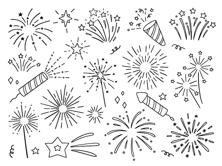 Vetor conjunto desenhado à mão de fogos de artifício doodle firecrackers no estilo de desenho