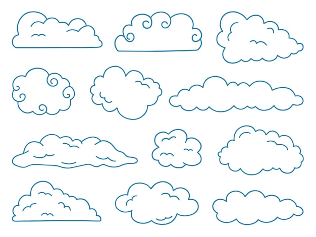 Vetor conjunto desenhado à mão de ícones de doodle de nuvens sky no estilo de desenho