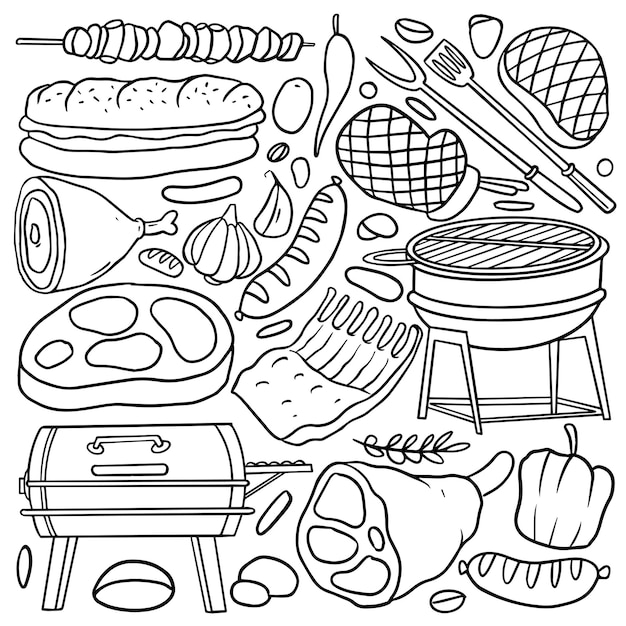 Conjunto desenhado à mão de ilustração de rabiscos de dia de churrasco rabiscos de churrasco isolados em fundo branco ilustração vetorial