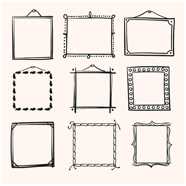 Vetor conjunto desenhado à mão de molduras e bordas simples com várias formas doodle estilo de esboço de arte em linha