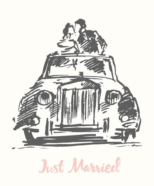 Conjunto desenhado à mão de noiva e noivo com carro antiquado, ilustração vetorial, esboço