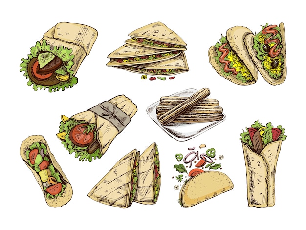 Conjunto desenhado à mão de pratos e produtos mexicanos realistas Desenhos de esboços vintage da América Latina