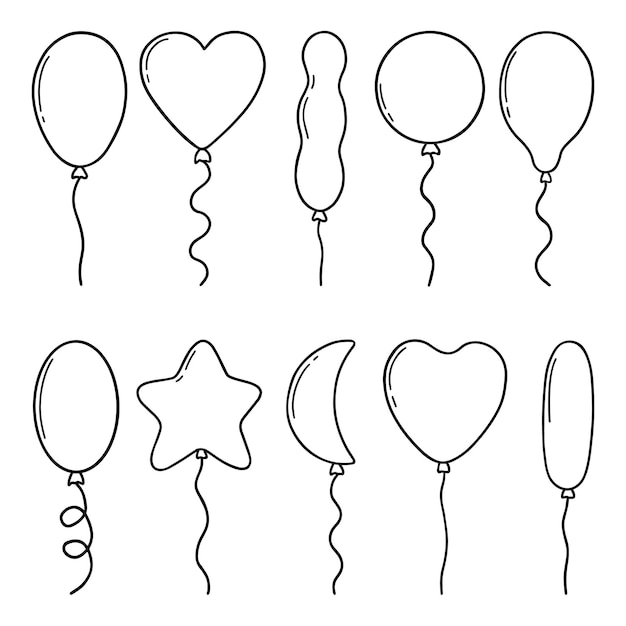 Vetor conjunto desenhado à mão de rabiscos de balões diferentes formas de balões no estilo de desenho