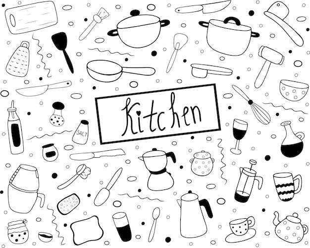 Vetor conjunto desenhado à mão de rabiscos de ferramentas de cozinha. ilustração com equipamentos de cozinha de linha