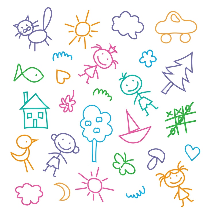Vetor conjunto desenhado à mão de rabiscos fofos para bebês idéia de design para desenhos infantis ilustração colorida vetorial