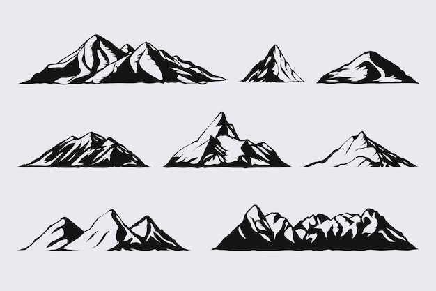 Conjunto desenhado à mão de silhueta de montanha monocromática vintage Ícones de picos rochosos desenhados à mão isolados