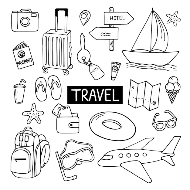 Conjunto desenhado à mão de viagens doodle turismo e aventura de verão