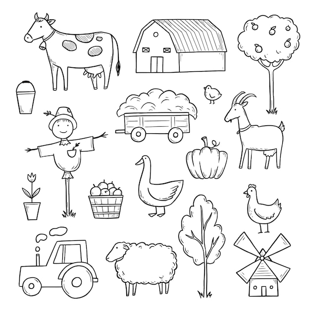 Conjunto desenhado à mão para fazendeiros de animais de fazenda