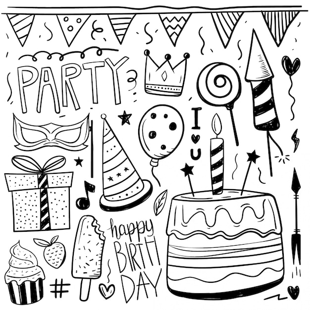 Conjunto desenhado mão do aniversário doodles