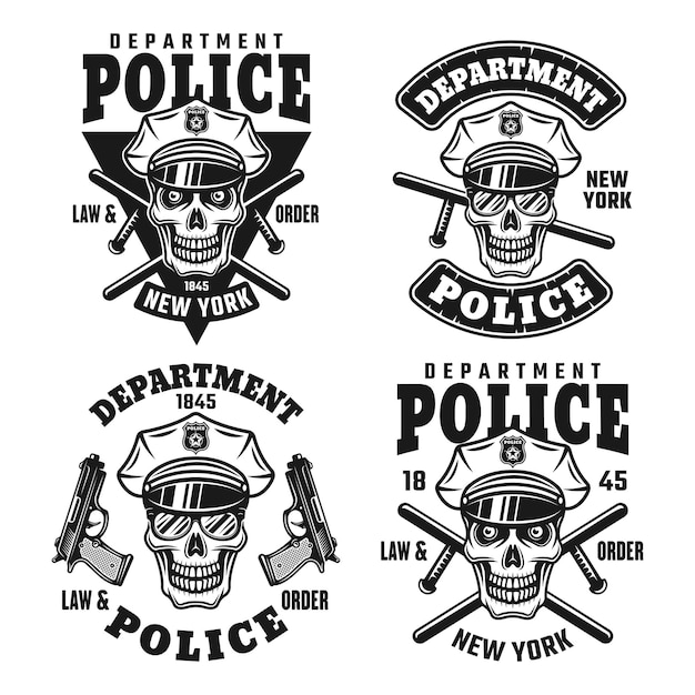Conjunto do departamento de polícia de emblemas, distintivos, etiquetas ou estampas de camisetas vetoriais com o crânio do policial no chapéu isolado no fundo branco