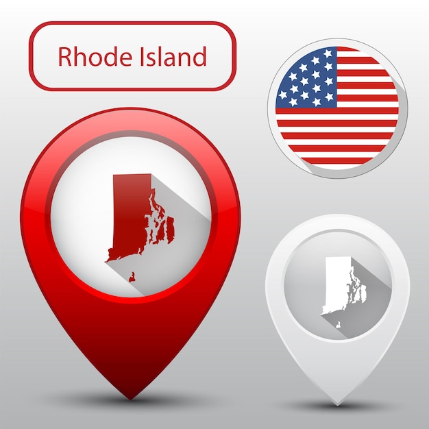 Conjunto do estado de Rhode Island com bandeira américa e ponteiro de mapa