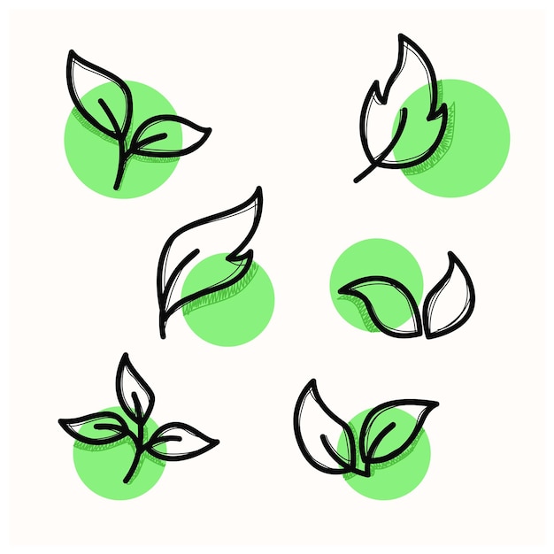Conjunto ecológico desenhado à mão de ícones de folha de linha preta em rabiscos de fundo branco