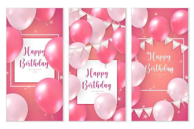 Conjunto elegante de balão e fita rosa rosa com modelo de banner de cartão de celebração de feliz aniversário