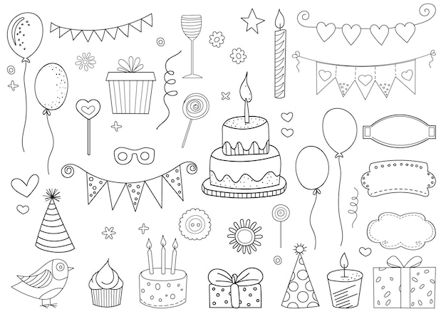 conjunto em estilo doodle para vetor de aniversário