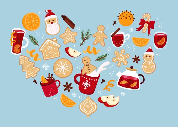 Conjunto em forma de coração de bebidas de inverno e biscoitos de pão de gengibre de Natal Ilustração vetorial para férias