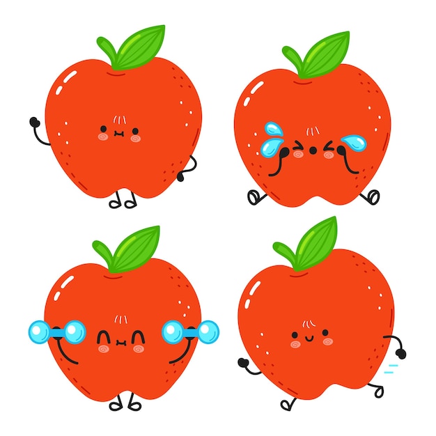 Conjunto engraçado bonito feliz maçã vermelha pacote. ilustração do estilo dos desenhos animados da linha kawaii em vetor. coleção de personagens do planeta fofo maçã mascote