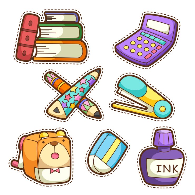 Vetor conjunto escolar. conjunto de diferentes itens escolares, ilustração.