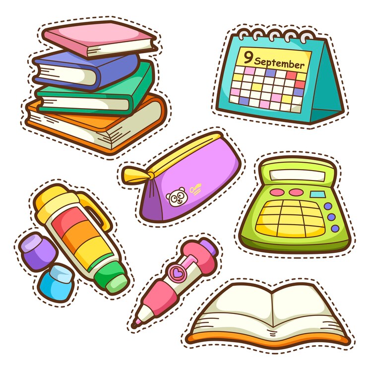 Vetor conjunto escolar. conjunto de diferentes itens escolares, ilustração.