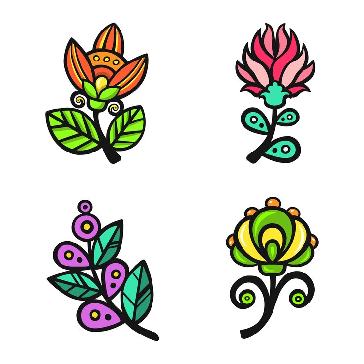 Vetor conjunto estilizado de flores brilhantes étnicas vetor