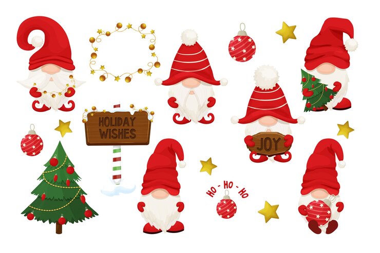 Vetor conjunto gnomo gnomo de natal bonito com chapéu vermelho em estilo cartoon personagem de saudação de ano novo