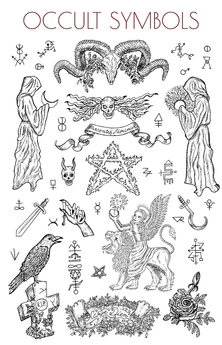 Vetor conjunto gráfico com símbolos e ilustrações desenhadas à mão ocultistas conceito místico e tatuagem