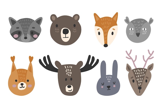 Conjunto infantil colorido desenhado à mão com animais fofos da floresta no estilo escandinavo