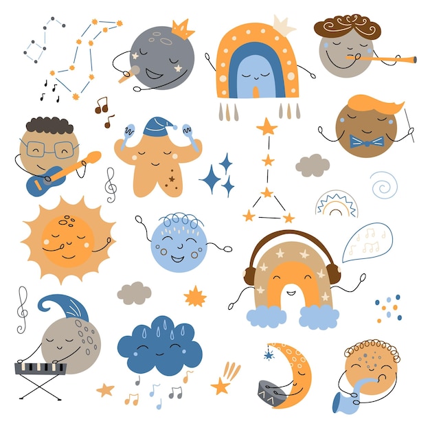 Conjunto infantil com planetas de desenho animado lua sol arco-íris e estrelas elementos de tema de música para crianças ilustração vetorial para decoração de pôster têxtil