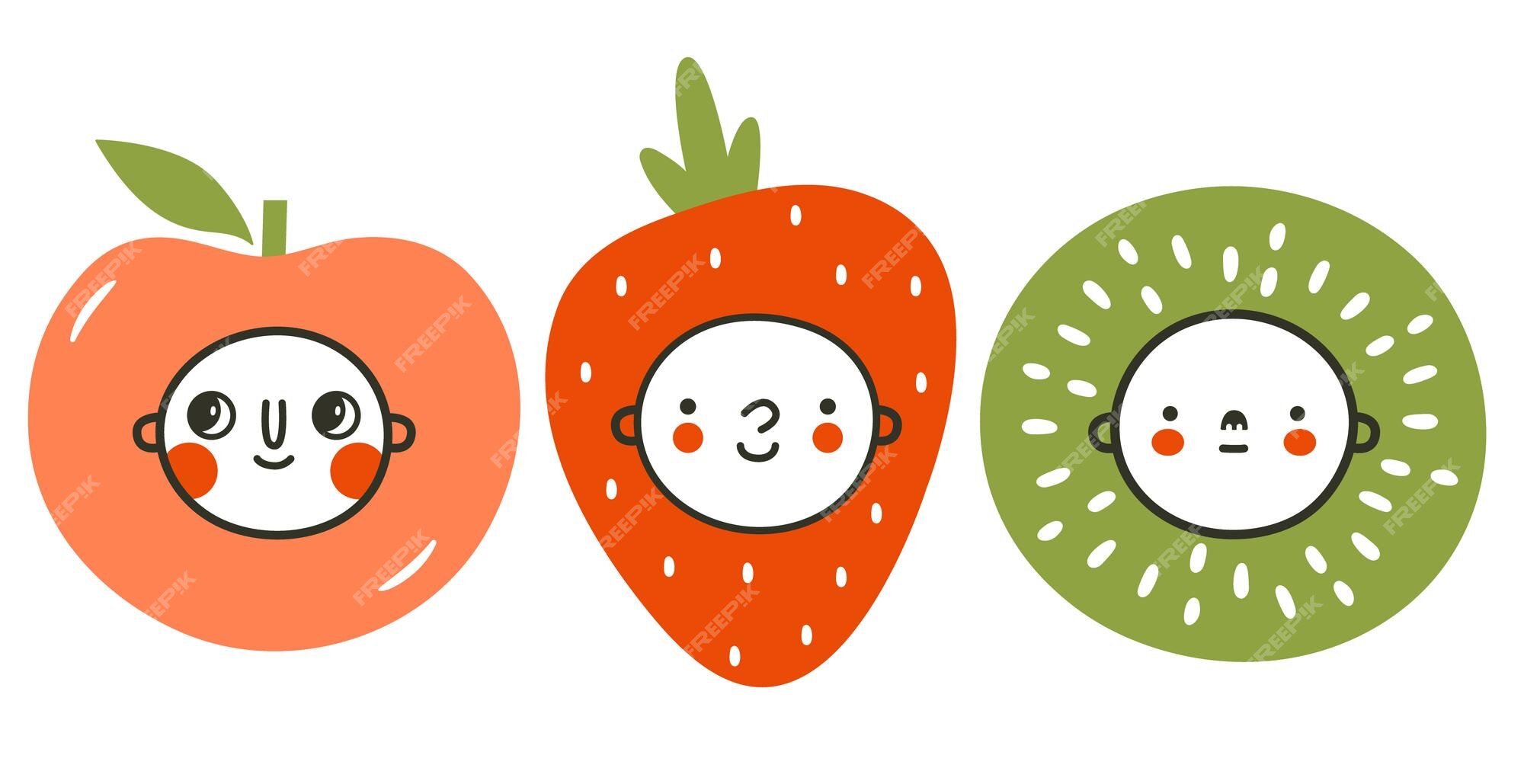 Um conjunto de adesivos com frutas kawaii fofas desenho infantil