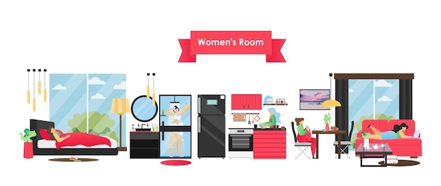 Conjunto interior de quarto de mulher ilustração plana em vetor