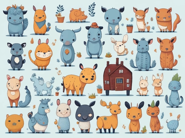 Conjunto isolado com animais de fazenda fofos em estilo cartoon design ideal para crianças para embrulho de tecido, papel de parede têxtil