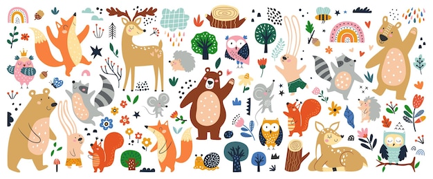 Conjunto isolado com animais fofos da floresta da floresta em estilo de desenho animado design infantil ideal para envoltório de tecido