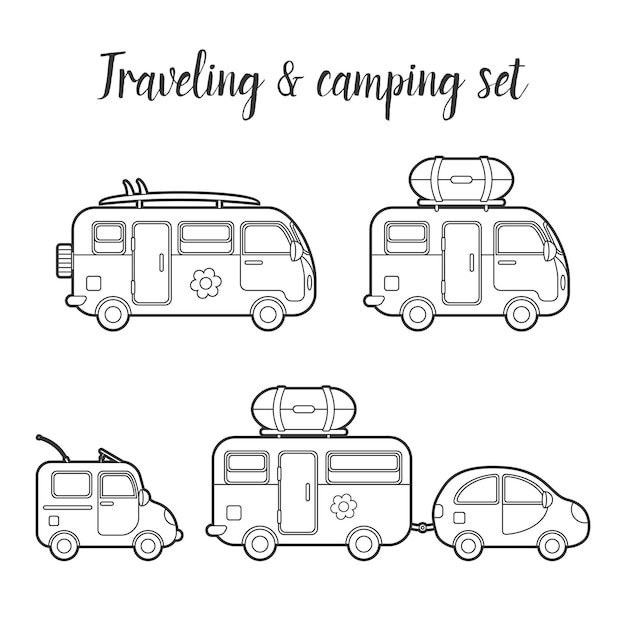 Conjunto isolado de caravana e reboque de transporte. ilustração dos tipos de casa móvel. ícone de vetor de caminhão viajante. conceito de viagem de verão em caminhão viajante familiar