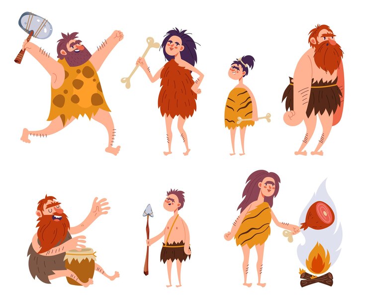 Vetor conjunto isolado de personagens da tribo da família bárbara dos homens das cavernas