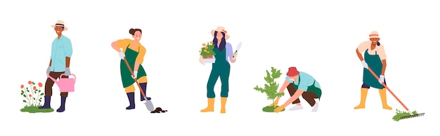 Conjunto isolado de pessoas felizes jardinagem plantio de flores e árvores mudas crescendo plantas de casa ilustração vetorial isolado em fundo branco homem e mulher jardineiro horticultura agrícola hobby