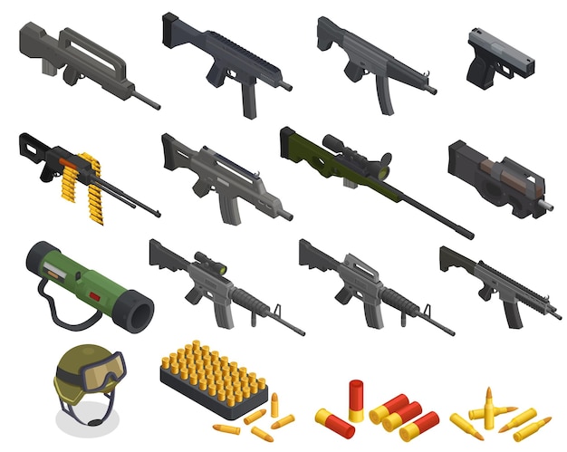 Conjunto isométrico de armas do exército com ícones isolados e imagens de balas de armas e várias ilustração vetorial de inventário de armas