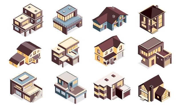 Conjunto isométrico de casas suburbanas com cabanas de madeira garagem de elementos volumosos modernos edifícios tradicionais isolados ilustração vetorial