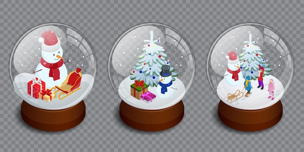 Conjunto isométrico de coleção de bola de vidro de feliz natal. ilustração vetorial. objeto de natal realista de ano novo isolado. objeto de vetor transparente para design, maquete.