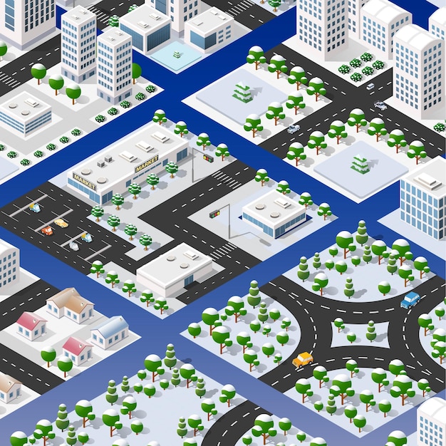 Vetor conjunto isométrico de módulos de blocos de áreas da construção da cidade da cidade perspectiva de desenho do ambiente urbano.