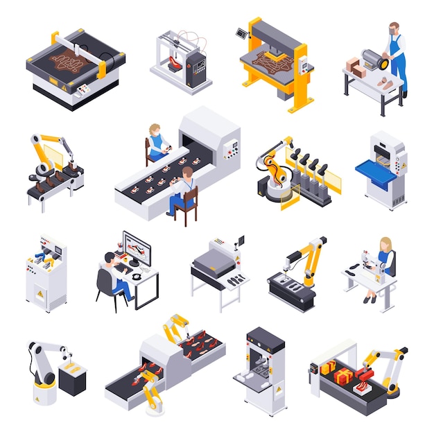 Vetor conjunto isométrico de produção de sapatos de calçados de imagens de ícones isolados de transportadores de linhas de instalações de produção e ilustração vetorial de trabalhadores