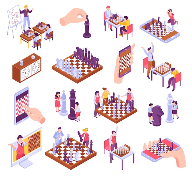 Vetor conjunto isométrico de xadrez com crianças de jogadores de jogos online de tabuleiro de xadrez aprendendo a jogar ilustração vetorial 3d isolada