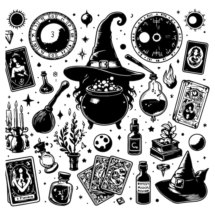 Vetor conjunto mágico de atributos de bruxas cartas de tarot poções e venenos planetas símbolos de astrologia bruxas