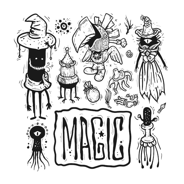 Conjunto mágico Ilustração vetorial desenhada à mão Desenho de estilo esboço Arte para merch