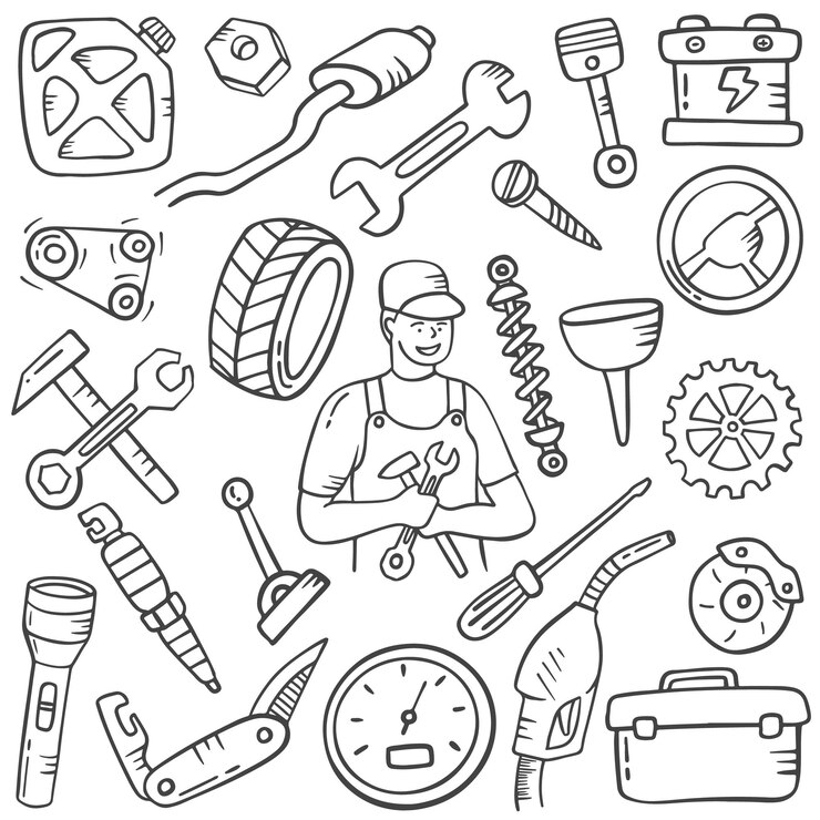 Vetor conjunto mecânico doodle desenhado à mão coleções com contorno estilo preto e branco