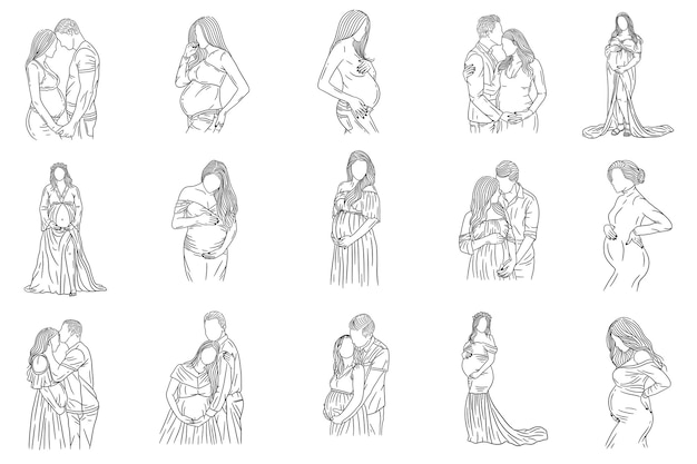 Conjunto mega bundle collection happy couple maternity pose marido e esposa grávida line art ilustração