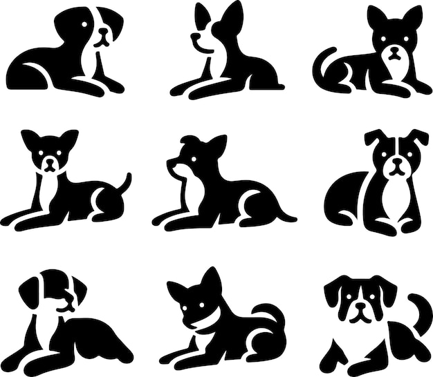 Vetor conjunto mínimo de um cão estabelecer diferentes pose ícone vetorial em estilo plano cor preta silhueta separa