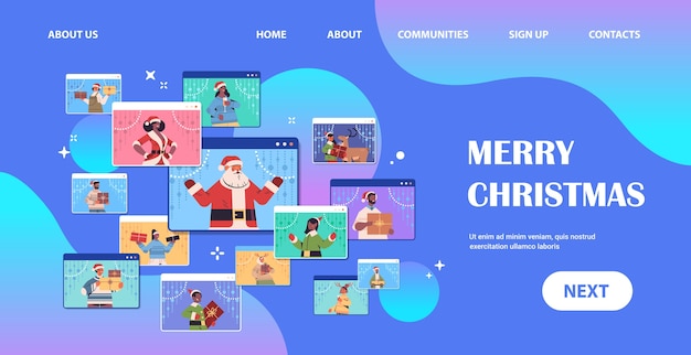 conjunto mix raça pessoas discutindo durante a videochamada feliz ano novo feliz natal feriados celebração navegador da web janelas auto-isolamento comunicação on-line retrato cópia espaço horizontal vector illus