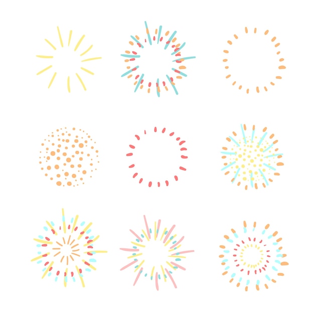 Conjunto moderno colorido de vetor com ilustrações abstratas de doodle desenhado à mão de fogos de artifício