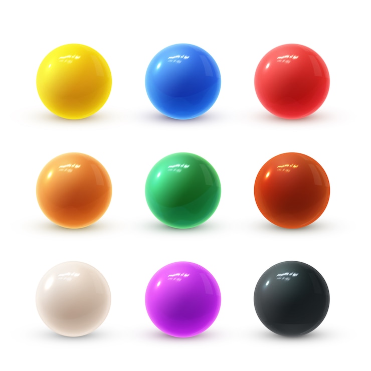 Vetor conjunto moderno realista de bolas de plástico brilhantes brilhantes coloridas com reflexos de brilho